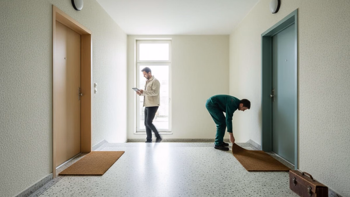 Zwei gegenüberliegende Wohnungstüren, eine Fußmatte liegt gerade, die andere verschoben