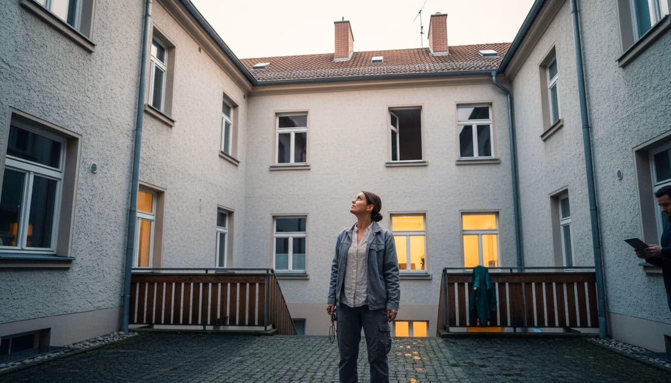Verwalterin blickt in der Dämmerung im Hof zu einem unbeleuchteten Fenster zwischen erleuchteten hinauf