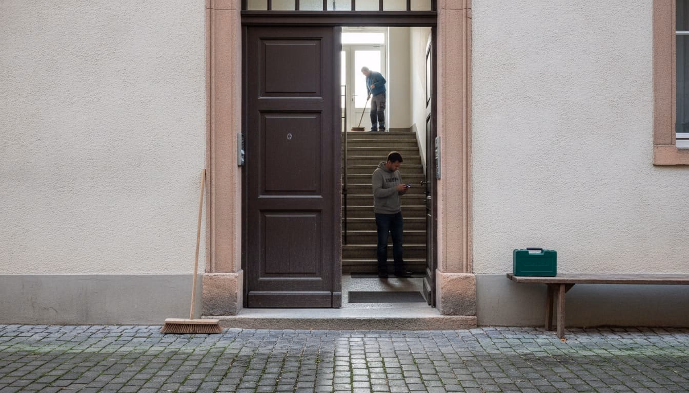 Offene Haustür eines Mehrfamilienhauses im Morgenlicht, ein Besen lehnt an der Laibung