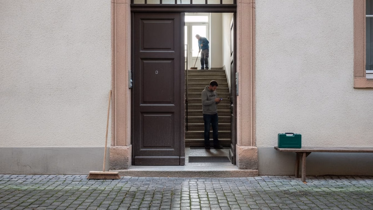 Offene Haustür eines Mehrfamilienhauses im Morgenlicht, ein Besen lehnt an der Laibung