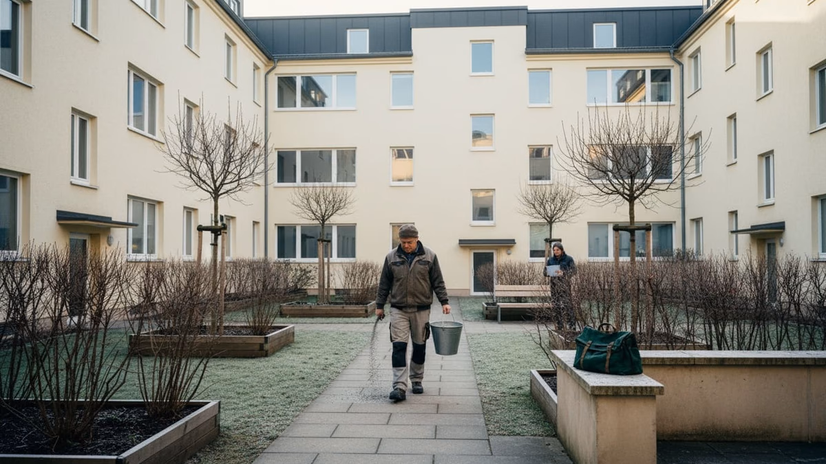 Hausmeister streut an einem Wintermorgen den Weg im Innenhof, Atem sichtbar