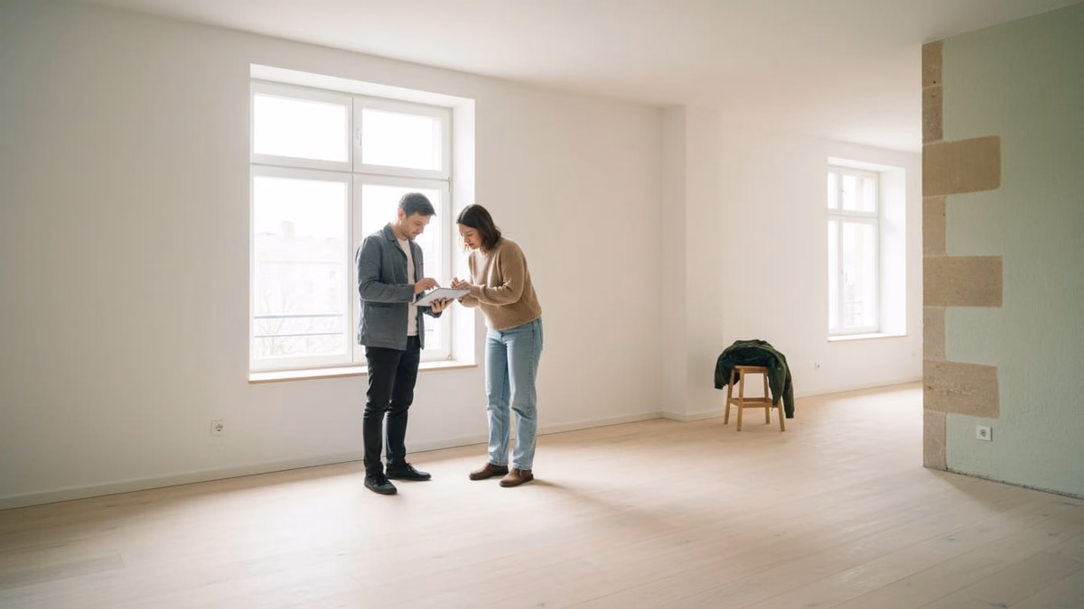 Zwei Personen bei der Wohnungsübergabe, eine unterschreibt mit dem Finger auf einem flachen Tablet