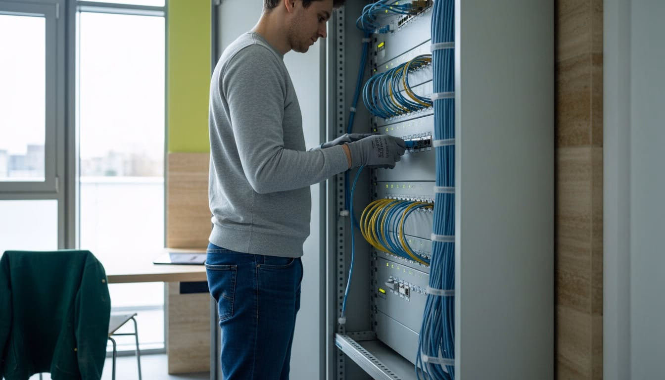 Technikerhand steckt ein Patchkabel in ein Patchfeld im Technikschrank