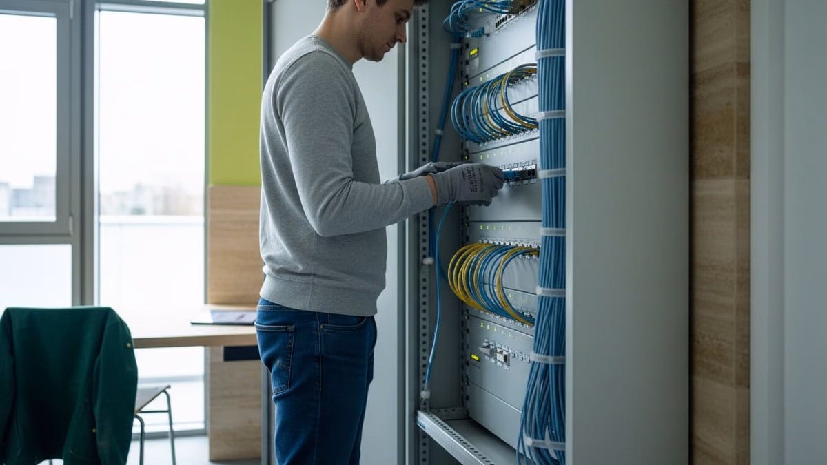 Technikerhand steckt ein Patchkabel in ein Patchfeld im Technikschrank